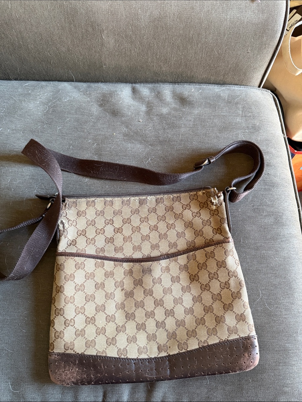 Worn GUCCI GG Canvas Shoulder Bag Beige